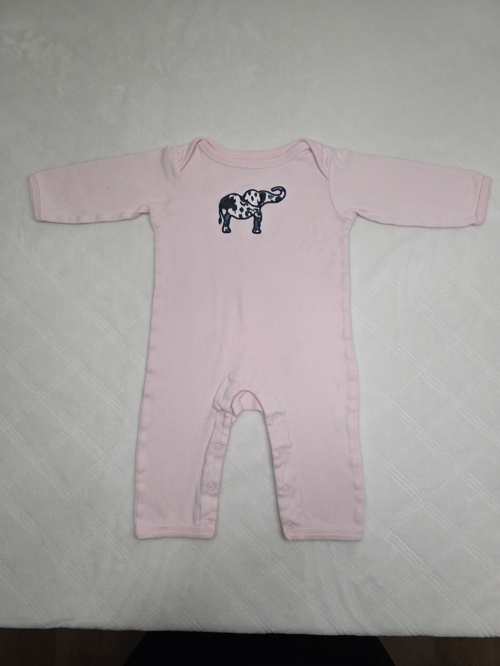 Pink Long-Sleeve Baby One-Piece with Navy Elephant Motif